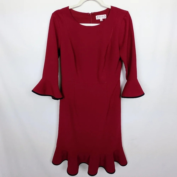 Nanette Lepore Cranberry Flounce Bell Sleeve Ruffled Crepe Knee Length Dress 8 - Picture 3 of 13